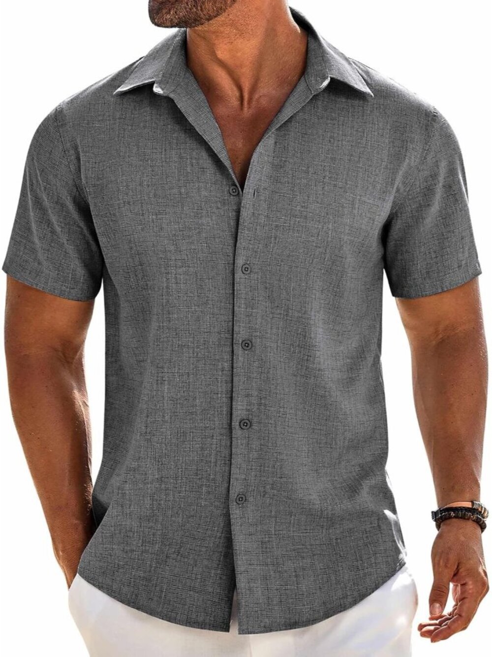 Men's Grey Short Sleeve Casual Beach Linen Imported Button Down Shirts